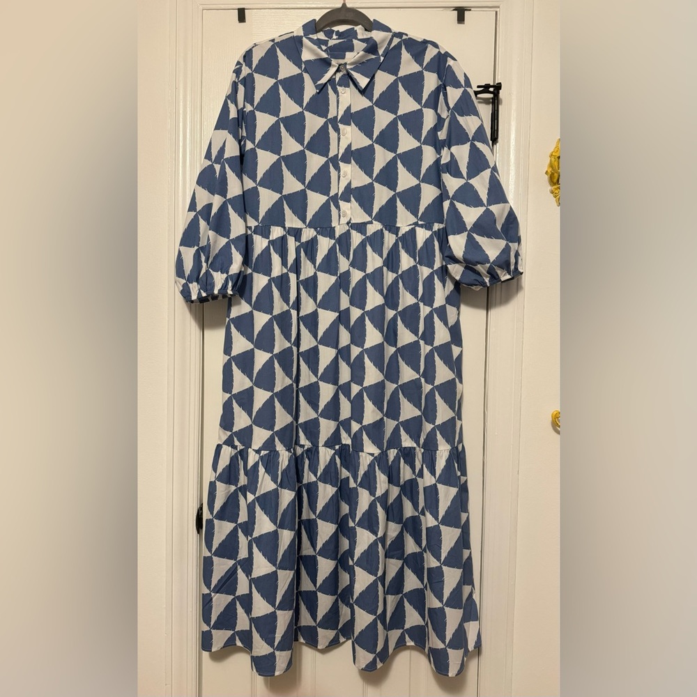 Anthropology Bettina Midi Dress - Maeve Blue and White Geometric